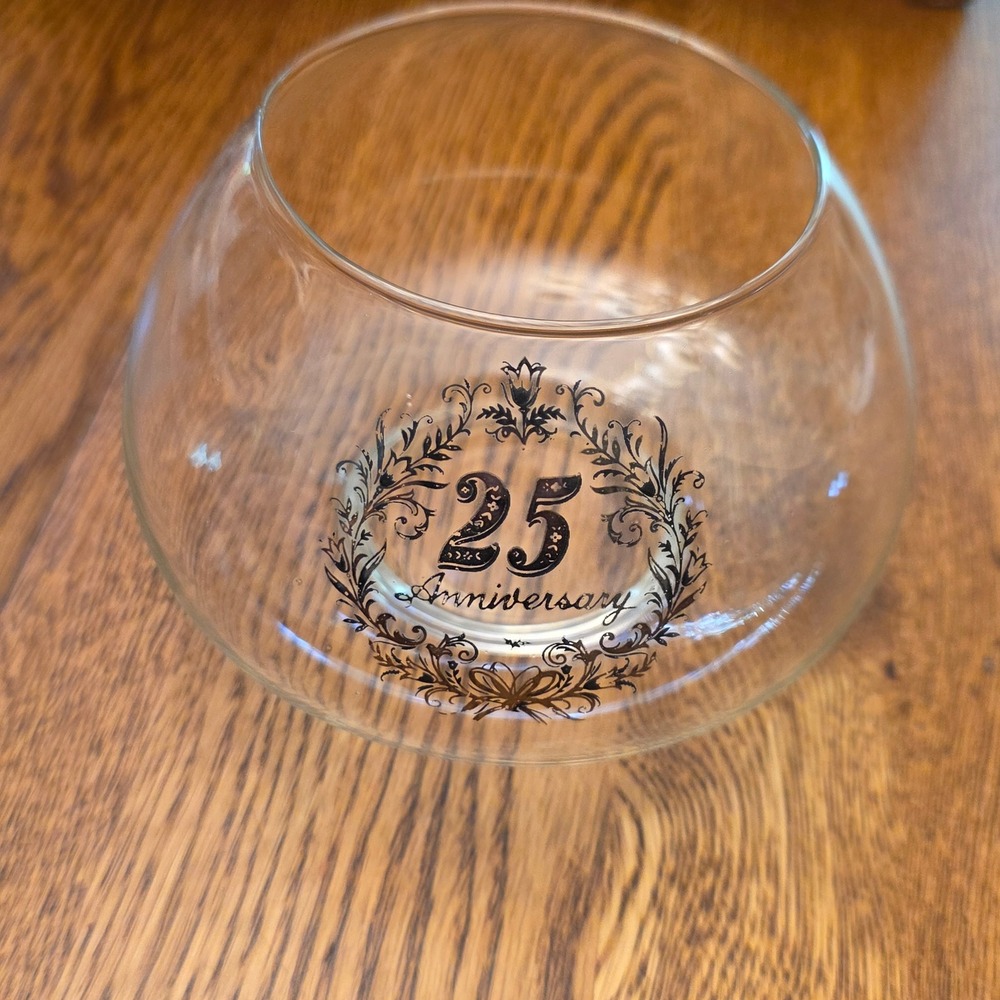Vintage 25th Anniversary Snifter Bowl Silver Wreath Commemorative Gift Clear